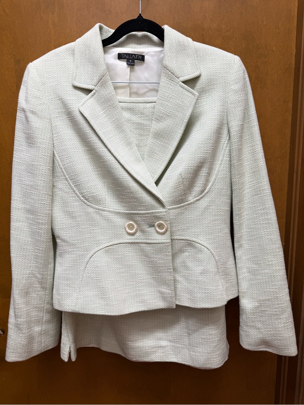 Tahari Ivory and Light Sage Green  Cropped Textured Two-Button Blazer & Skirt
